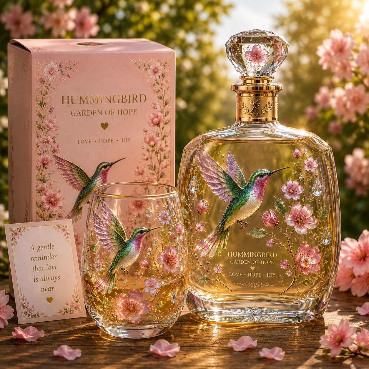 Hummingbird Garden of Hope Glass Gift Set – Elegant Floral Hummingbird Decanter & Glass Collection