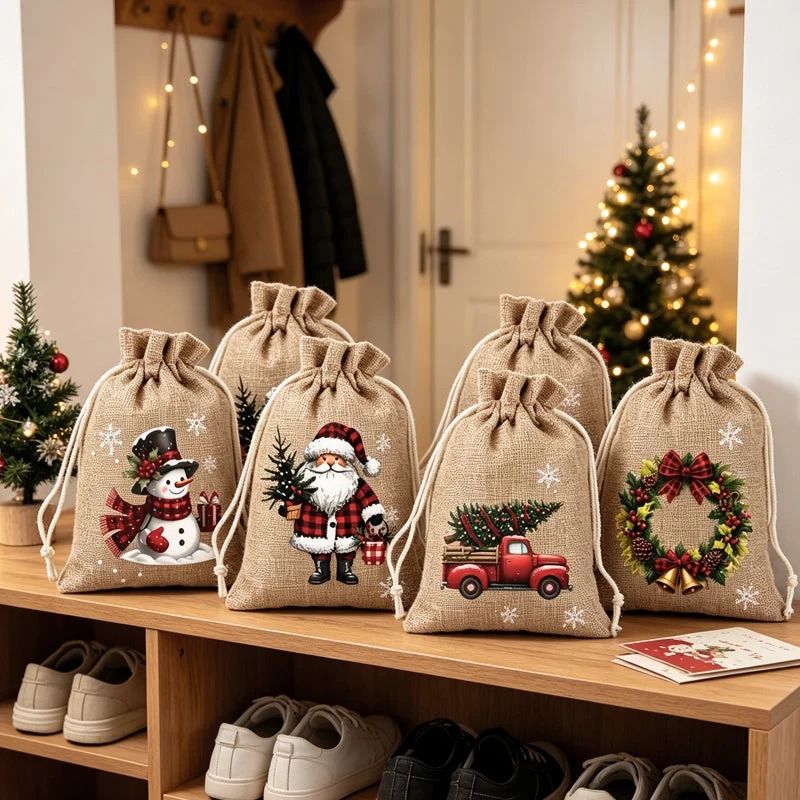 ⏳ Last Day 49% OFF – 🎄 Christmas Drawstring Gift Bags – Santa & Reindeer Design, Reusable Fabric Gift Wrapping Bags