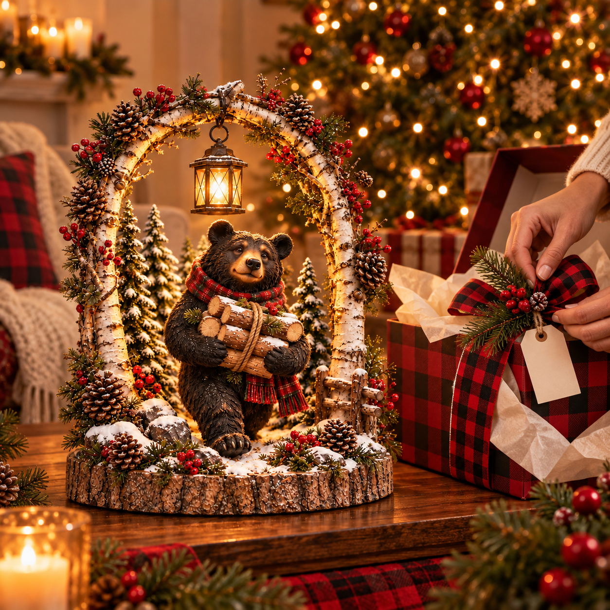 Lighted woodland bear Christmas decoration creating a cozy holiday atmosphere