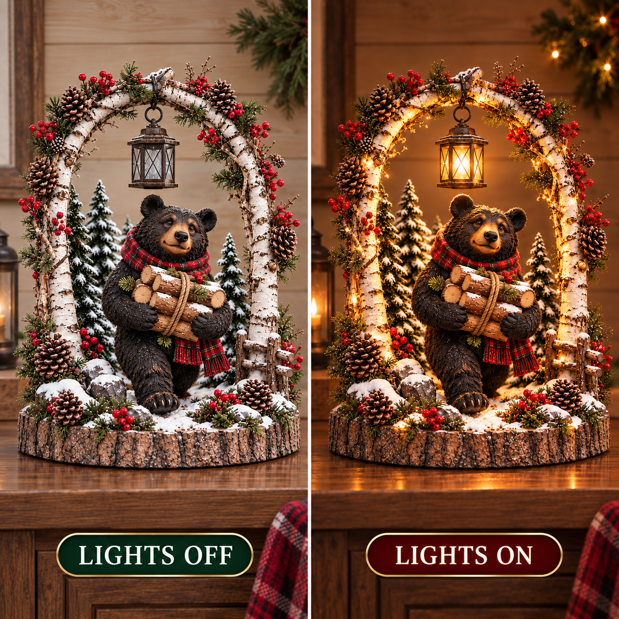 Close view of the woodland bear beneath a rustic Christmas arch
