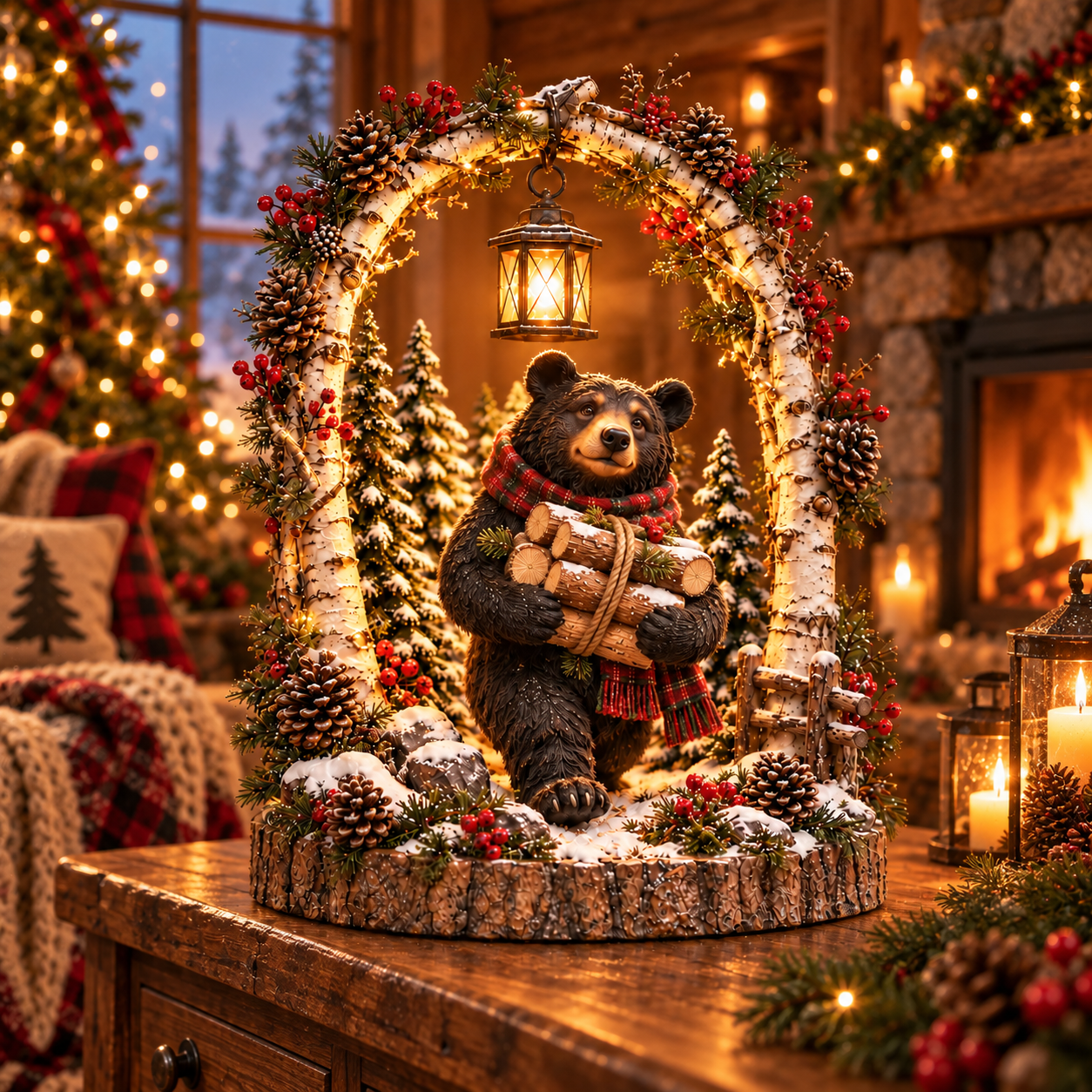 Lighted woodland Christmas bear scene framed with evergreens and winter details