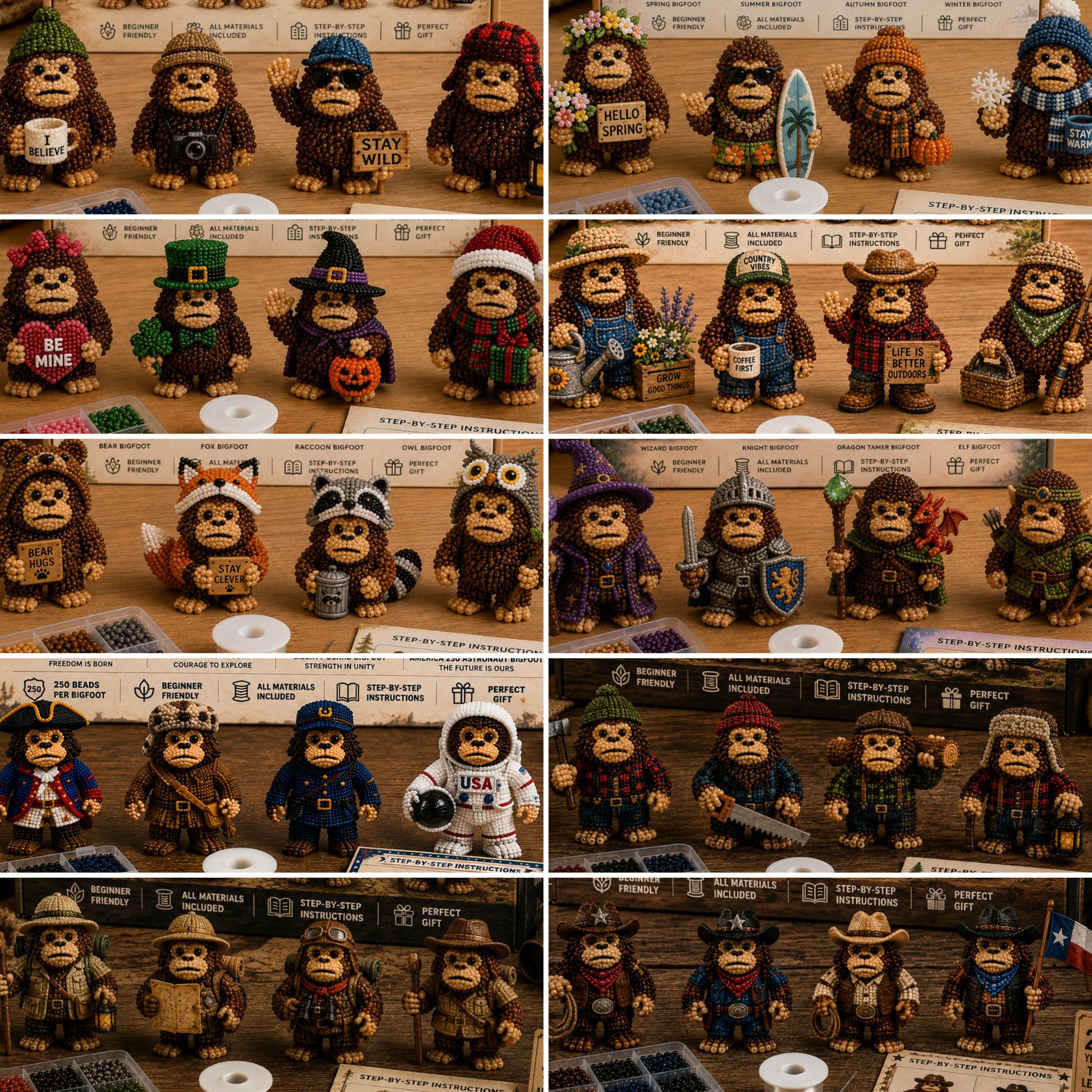3D Beaded Bigfoot DIY Kit – Collectible Bigfoot Craft Set (4-Piece Series Collection)
