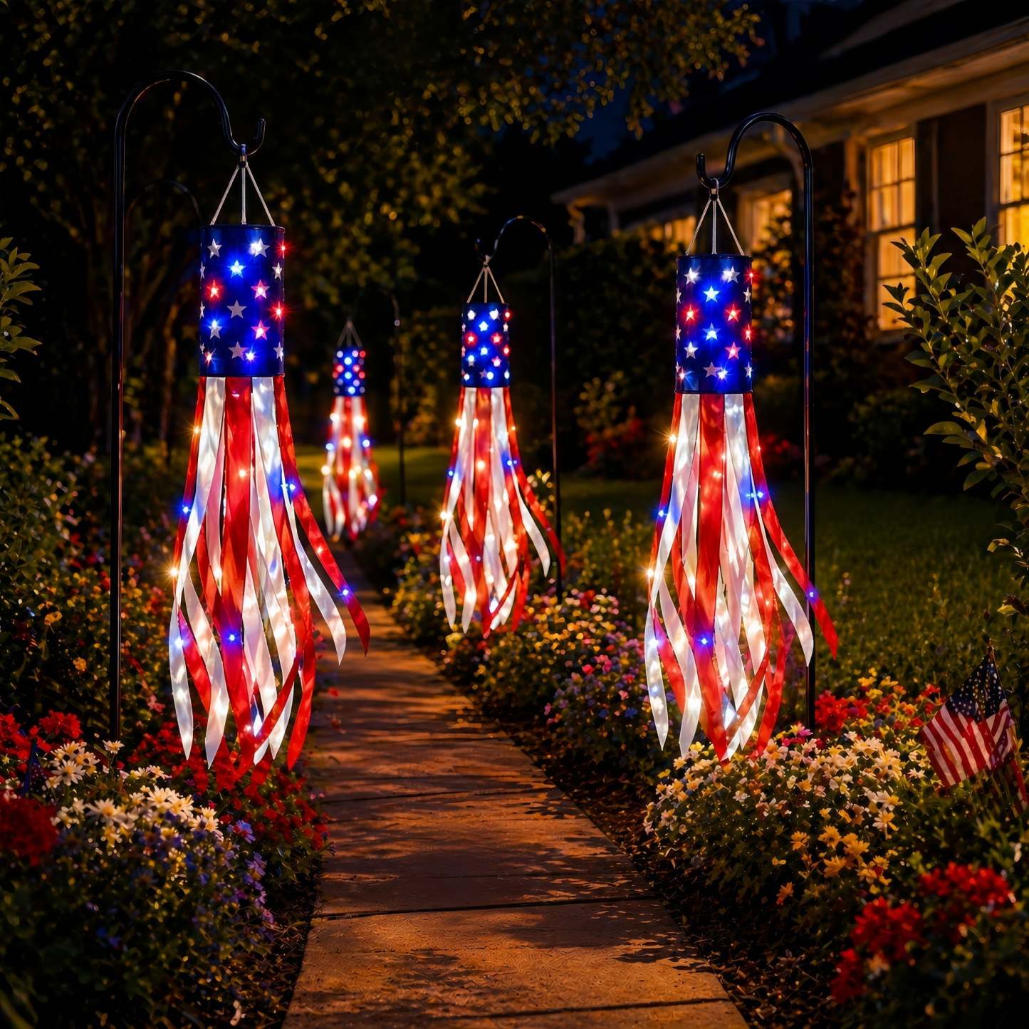 3 Pack 50 Inch Large American Flag Windsocks with Red White Blue Lights