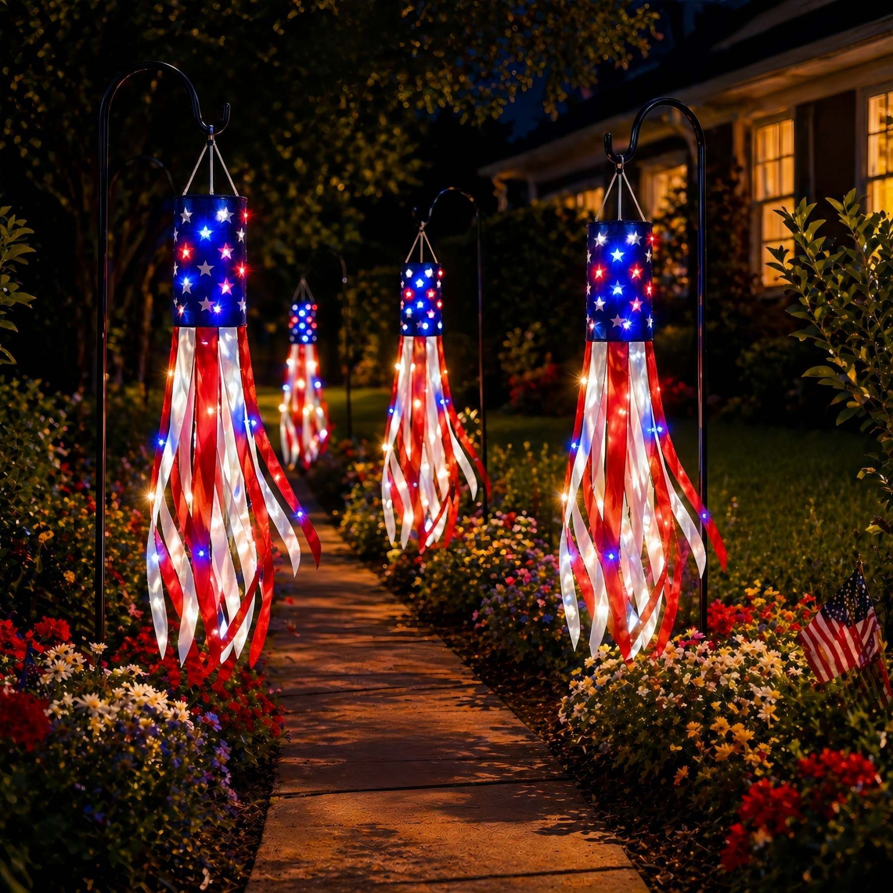 3 Pack 50 Inch Large American Flag Windsocks with Red White Blue Lights