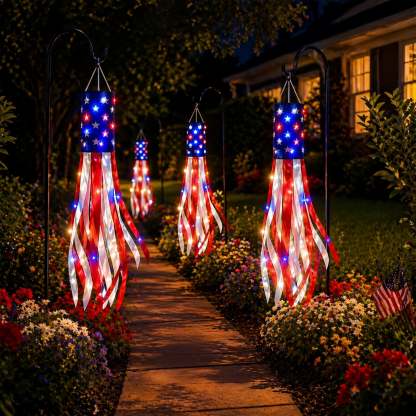 3 Pack 50 Inch Large American Flag Windsocks with Red White Blue Lights