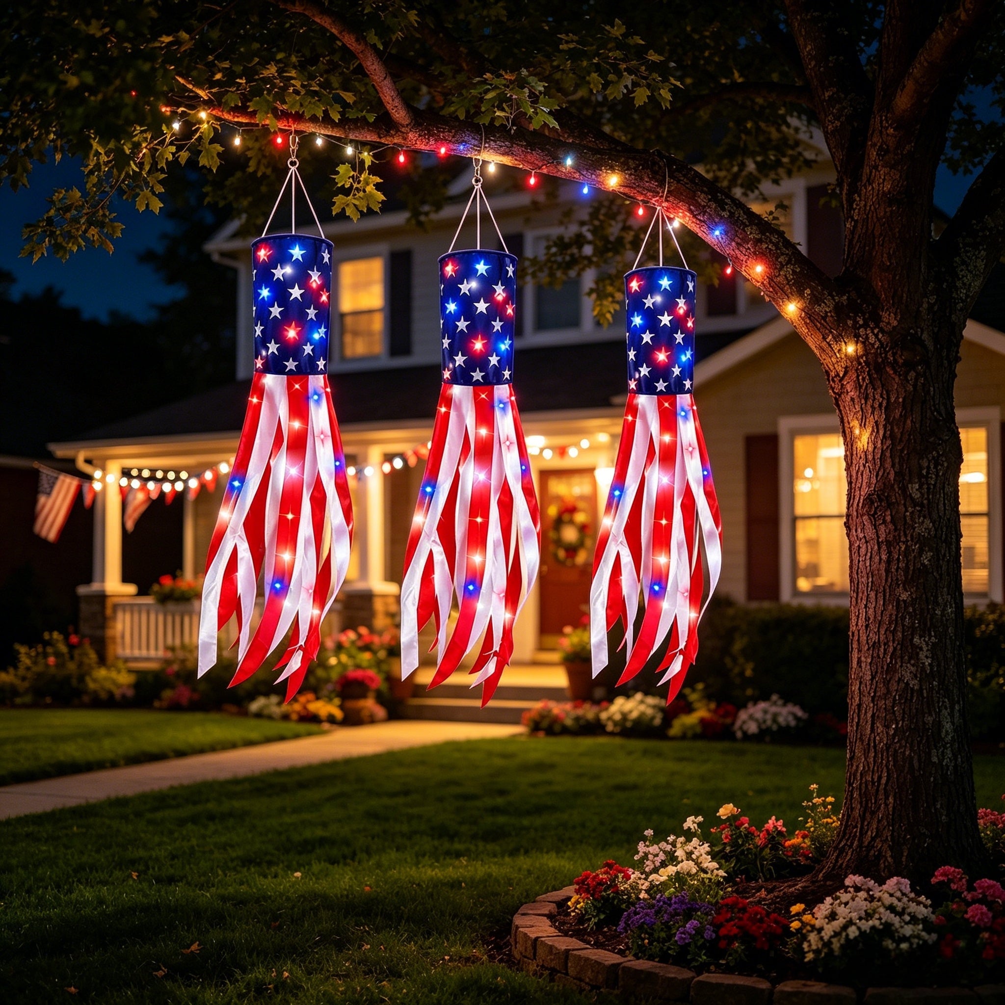 3 Pack 50 Inch Large American Flag Windsocks with Red White Blue Lights