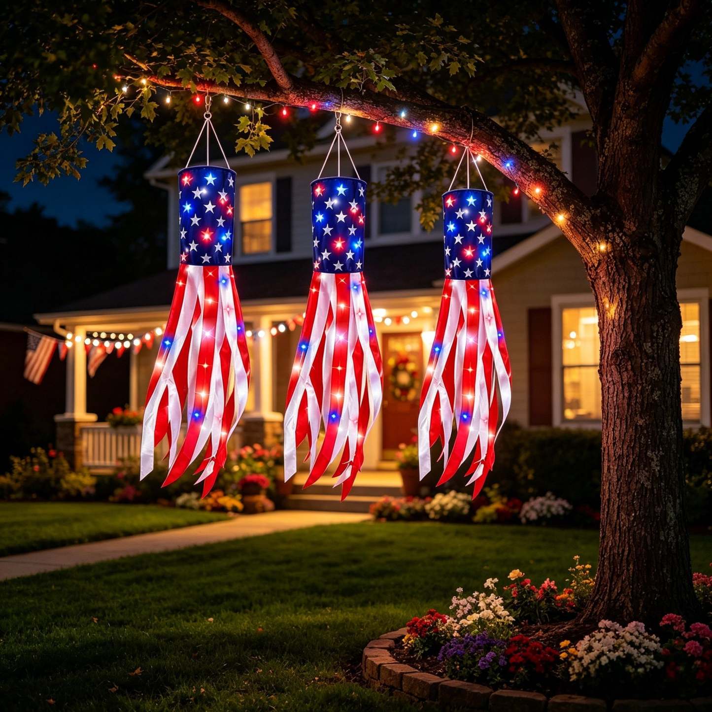 3 Pack 50 Inch Large American Flag Windsocks with Red White Blue Lights