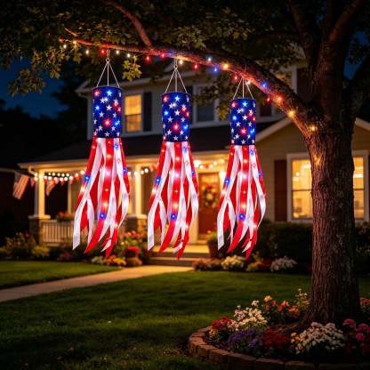 3 Pack 50 Inch Large American Flag Windsocks with Red White Blue Lights