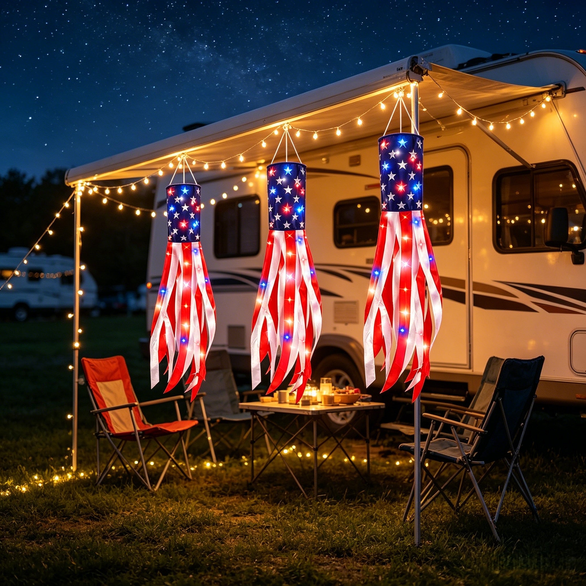 3 Pack 50 Inch Large American Flag Windsocks with Red White Blue Lights