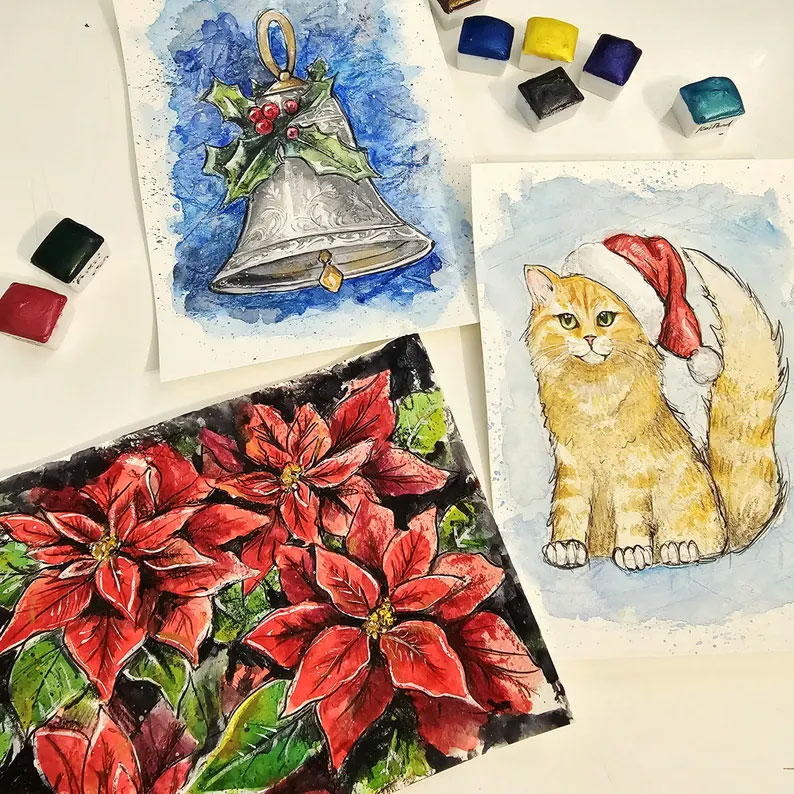 Advent Calendar 24 Envelopes Watercolor Christmas Set