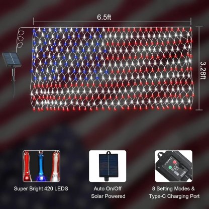 Solar American Flag Lights Outdoor,420 LEDs American Flag Net Lights 6.5ft x 3.28ft Super Bright