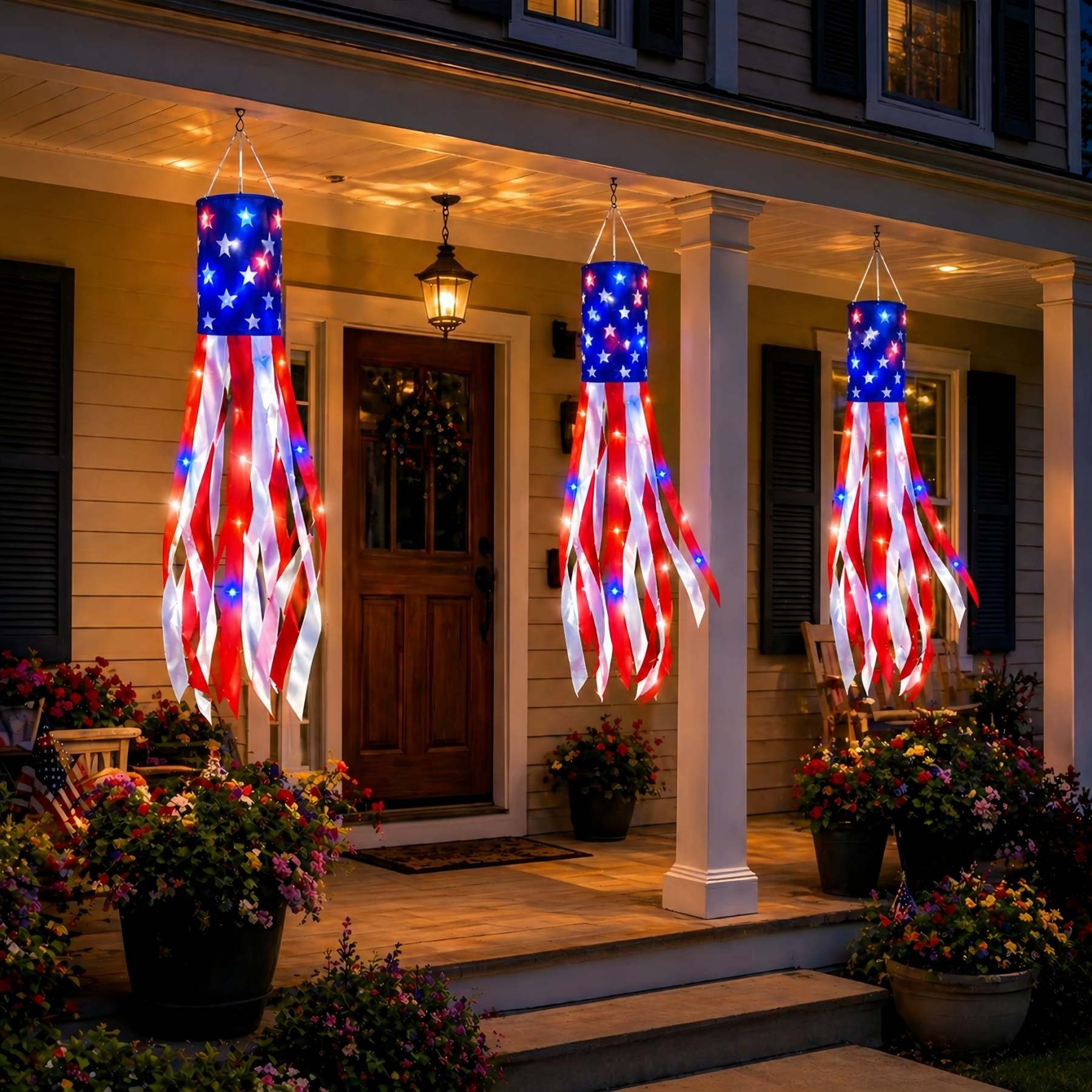 3 Pack 50 Inch Large American Flag Windsocks with Red White Blue Lights