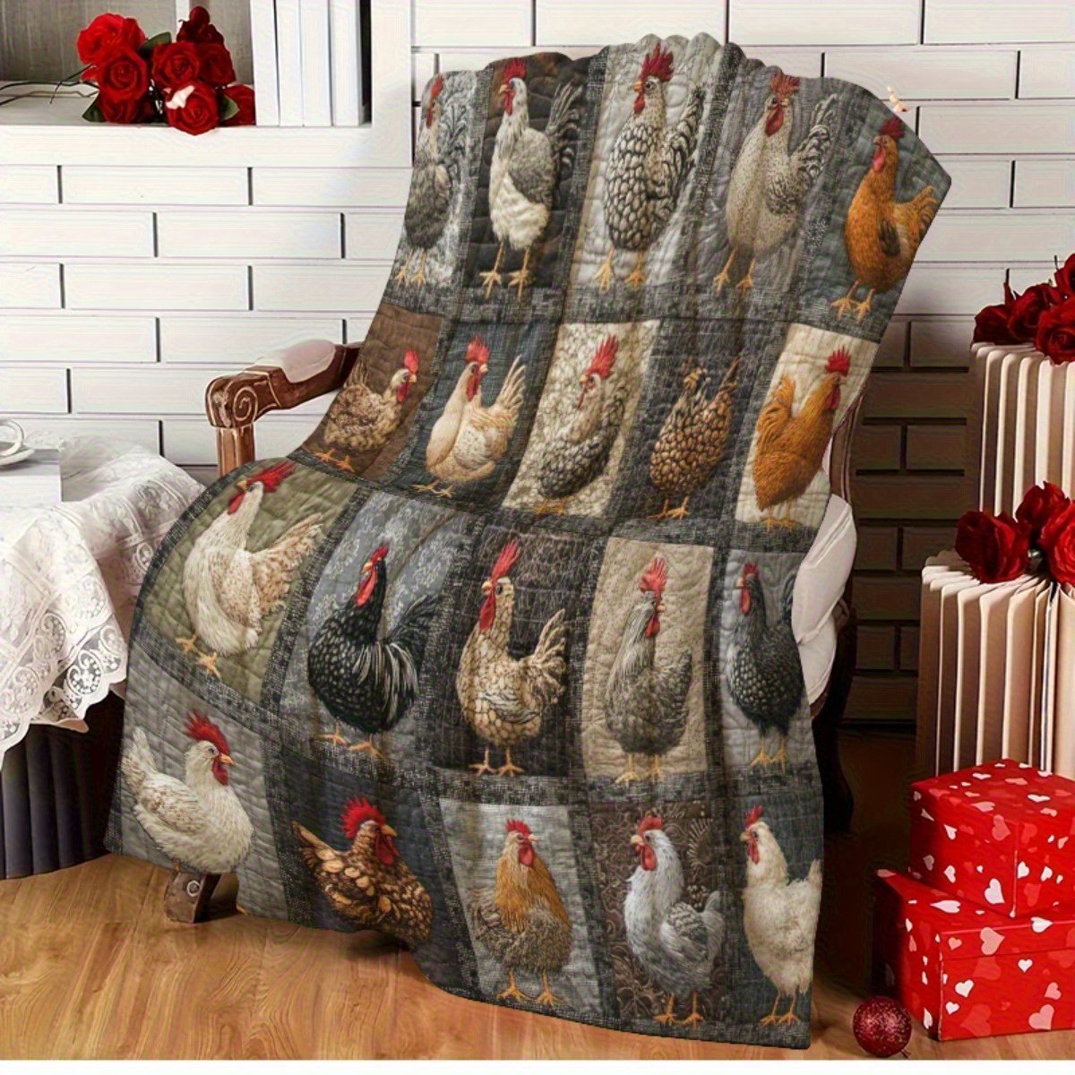 🐓 Cozy Vintage Rooster Plaid Blanket 🧣 Soft, Lightweight & Farmhouse Charm for All Seasons! 🎁Perfect Gift & Everyday Comfort! ✨