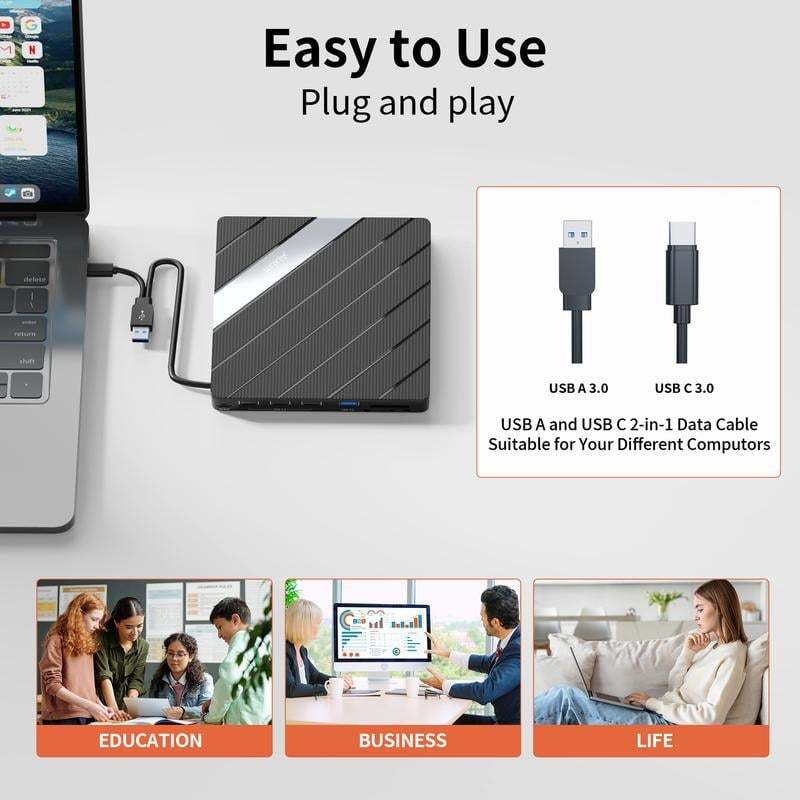 Laptop DVD Player USB C 3.0 Portable CD Burner with SD/TF Card Slot & 3 USB Ports Compatible with Mac, Windows, Linux