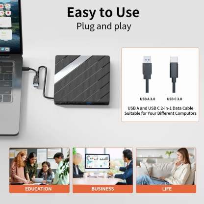 Laptop DVD Player USB C 3.0 Portable CD Burner with SD/TF Card Slot & 3 USB Ports Compatible with Mac, Windows, Linux