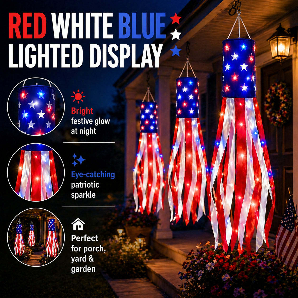 3 Pack 50 Inch Large American Flag Windsocks with Red White Blue Lights