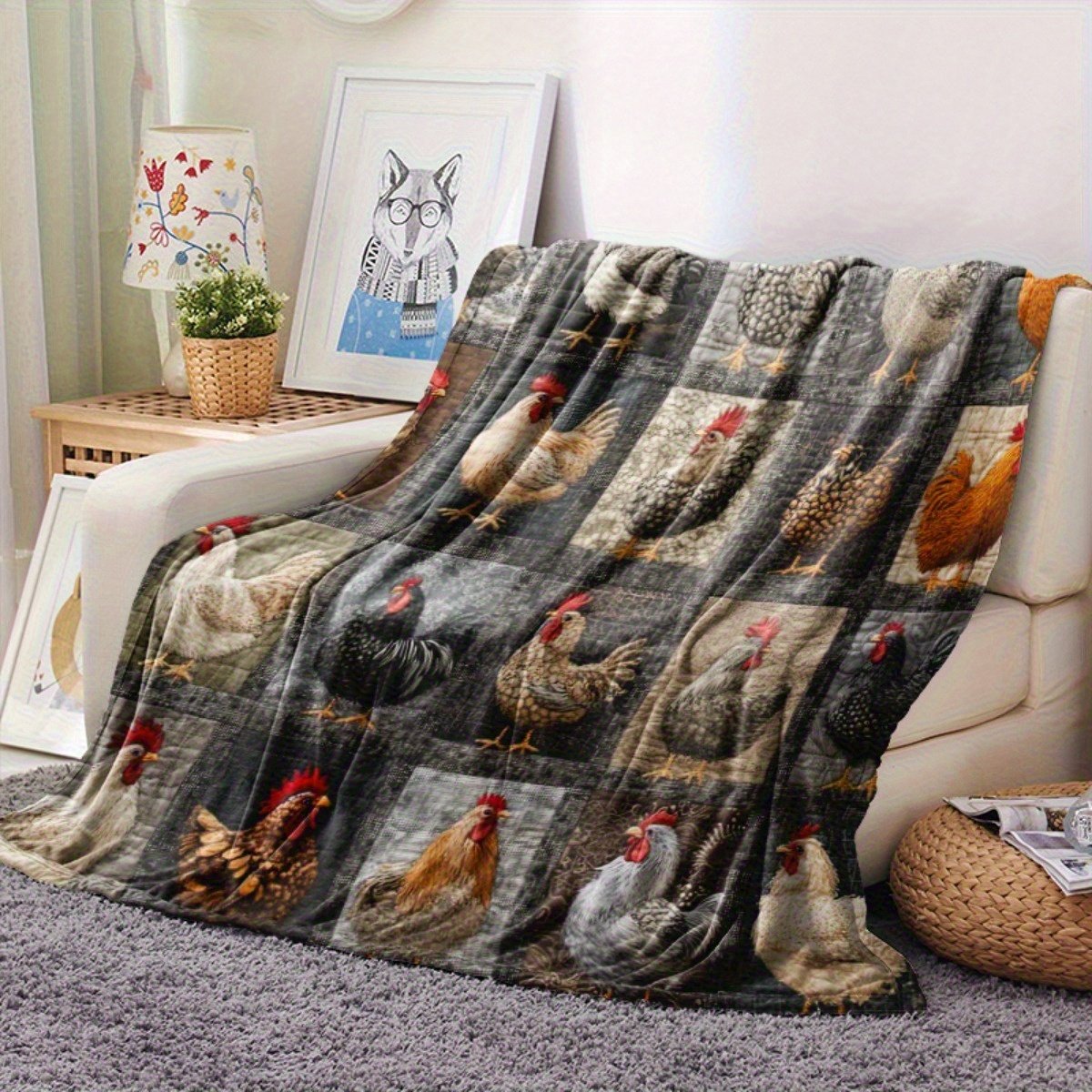 🐓 Cozy Vintage Rooster Plaid Blanket 🧣 Soft, Lightweight & Farmhouse Charm for All Seasons! 🎁Perfect Gift & Everyday Comfort! ✨