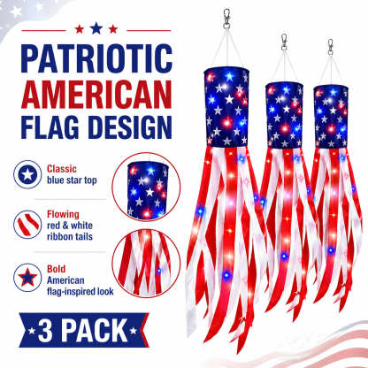 3 Pack 50 Inch Large American Flag Windsocks with Red White Blue Lights