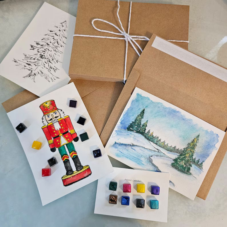 Advent Calendar 24 Envelopes Watercolor Christmas Set