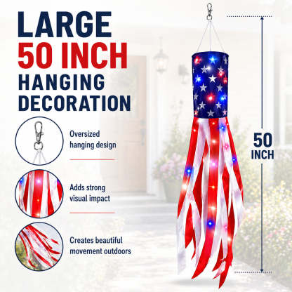 3 Pack 50 Inch Large American Flag Windsocks with Red White Blue Lights