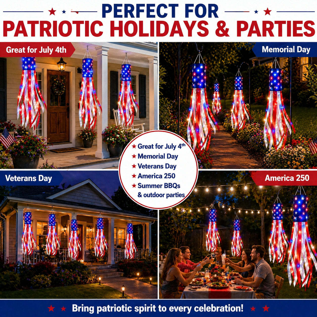 3 Pack 50 Inch Large American Flag Windsocks with Red White Blue Lights