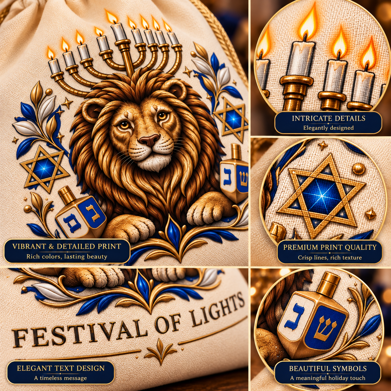Lion of Judah Hanukkah Gift Bag – Festival of Lights Drawstring Keepsake Pouch