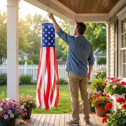 3 Pack 50 Inch Large American Flag Windsocks with Red White Blue Lights