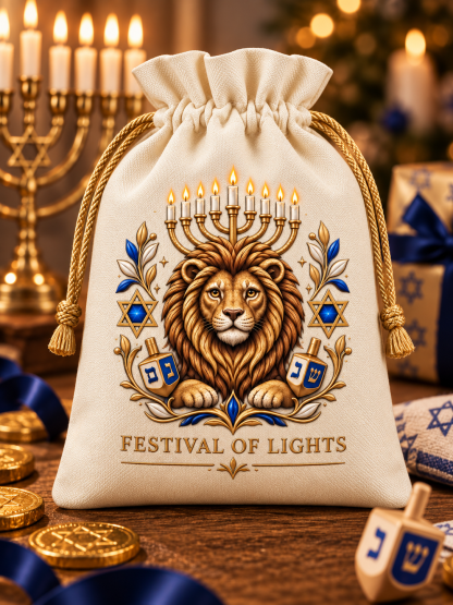 Lion of Judah Hanukkah Gift Bag – Festival of Lights Drawstring Keepsake Pouch
