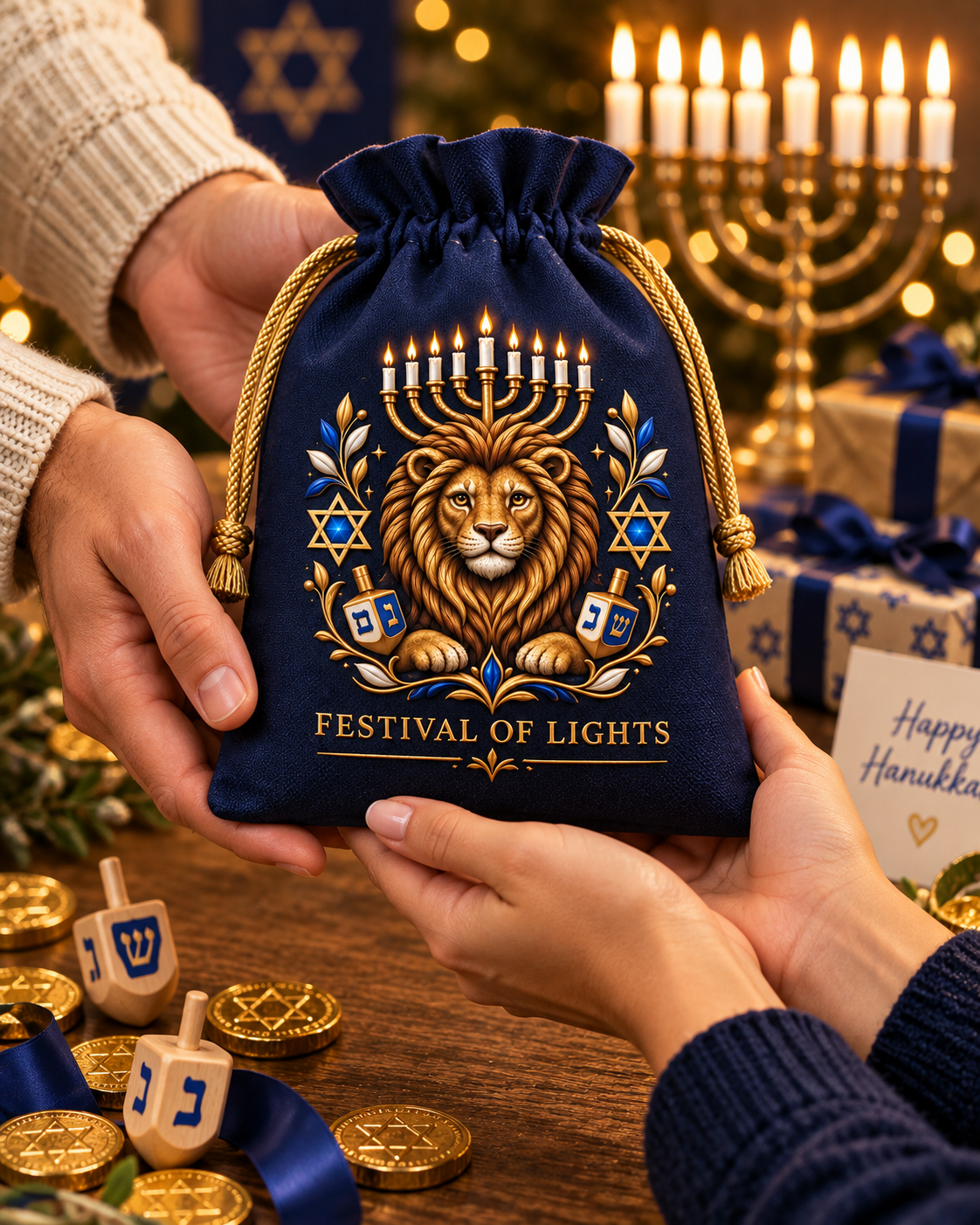 Lion of Judah Hanukkah Gift Bag – Festival of Lights Drawstring Keepsake Pouch