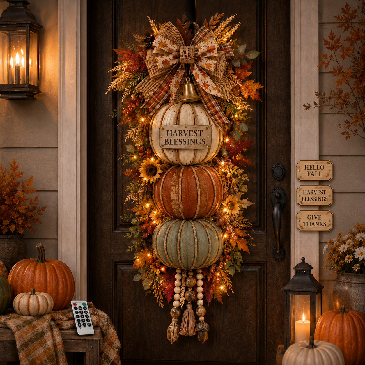 3-in-1 Lighted Harvest Pumpkin Door Hanging