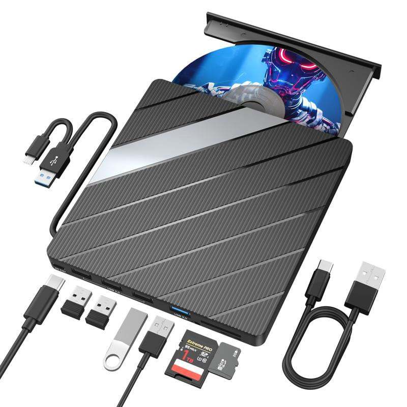 Laptop DVD Player USB C 3.0 Portable CD Burner with SD/TF Card Slot & 3 USB Ports Compatible with Mac, Windows, Linux