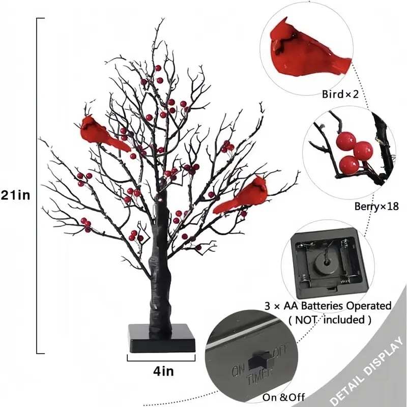 ✨Piece Set of Vintage Glowing Tree with Cardinals, Berries