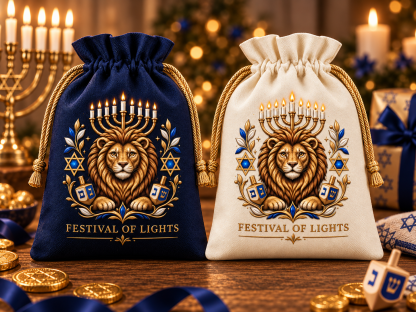 Lion of Judah Hanukkah Gift Bag – Festival of Lights Drawstring Keepsake Pouch