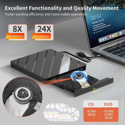Laptop DVD Player USB C 3.0 Portable CD Burner with SD/TF Card Slot & 3 USB Ports Compatible with Mac, Windows, Linux