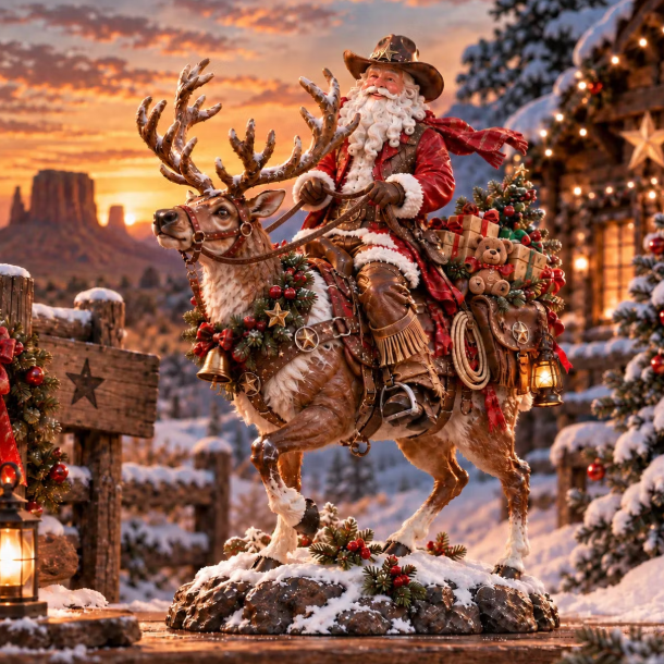 Western Cowboy Santa riding reindeer Christmas decoration