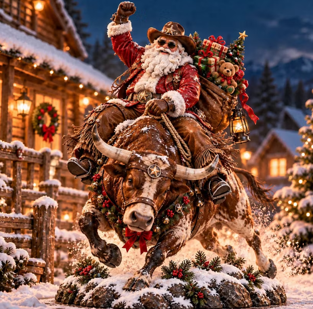 Cowboy Santa Longhorn lighted Christmas display
