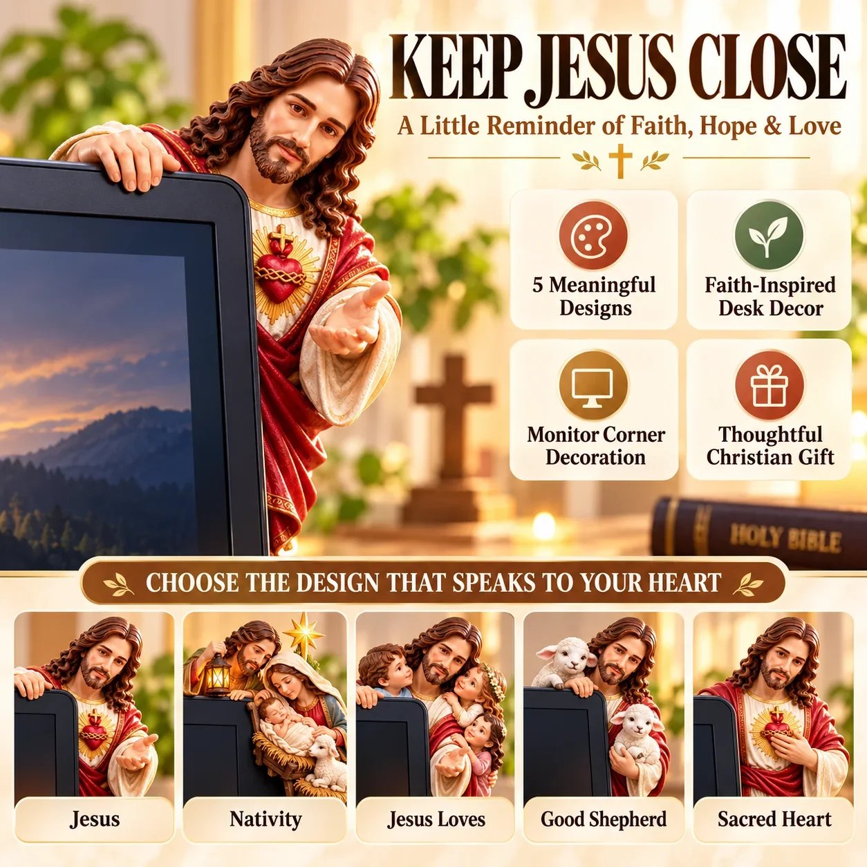 Keep Jesus Close faith-inspired monitor corner decoration, featuring five available designs