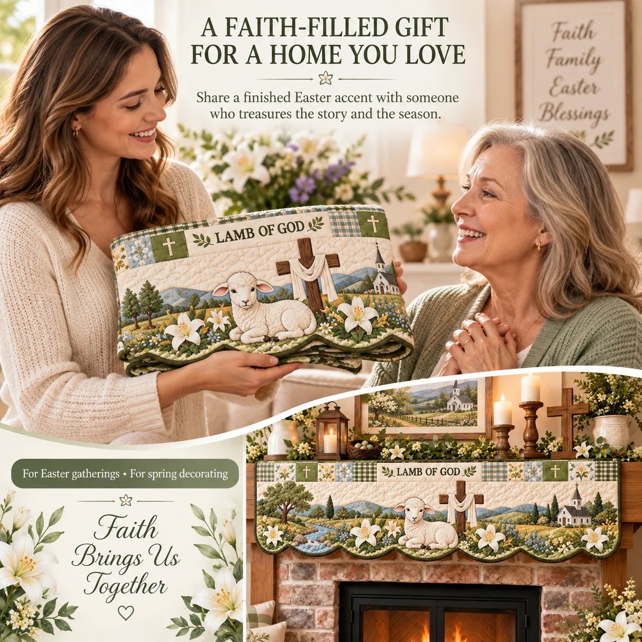 An Easter faith mantel scarf being shared as a seasonal gift