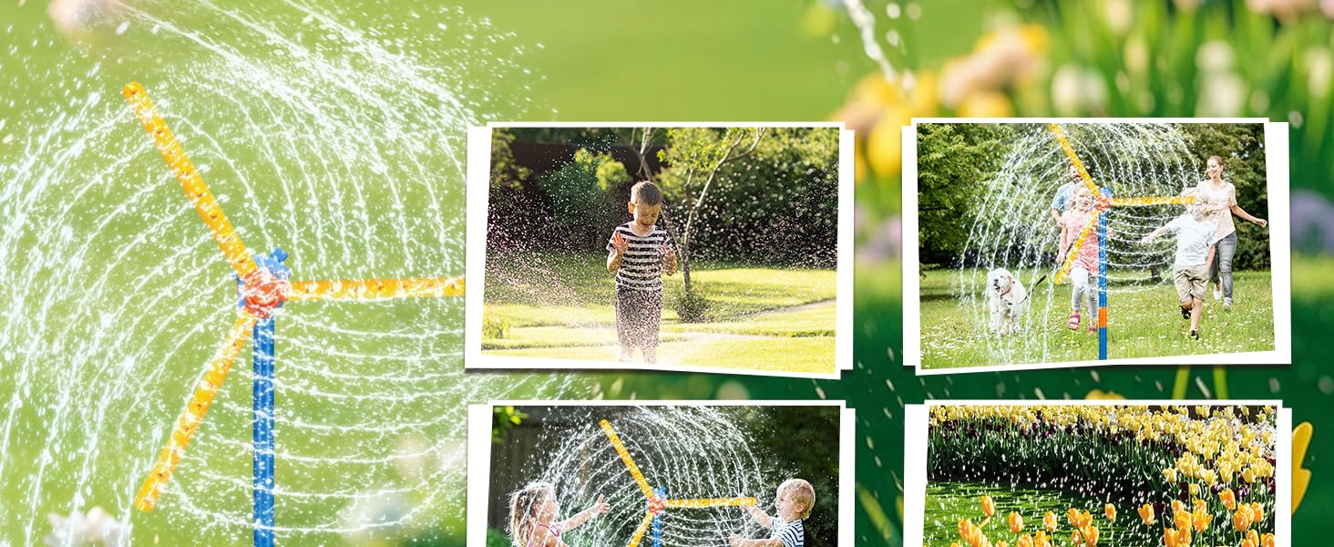 Lawn sprinkler creating arcing water patterns, with collage of outdoor summer scenes showing sprinkler play and flowering garden areas.