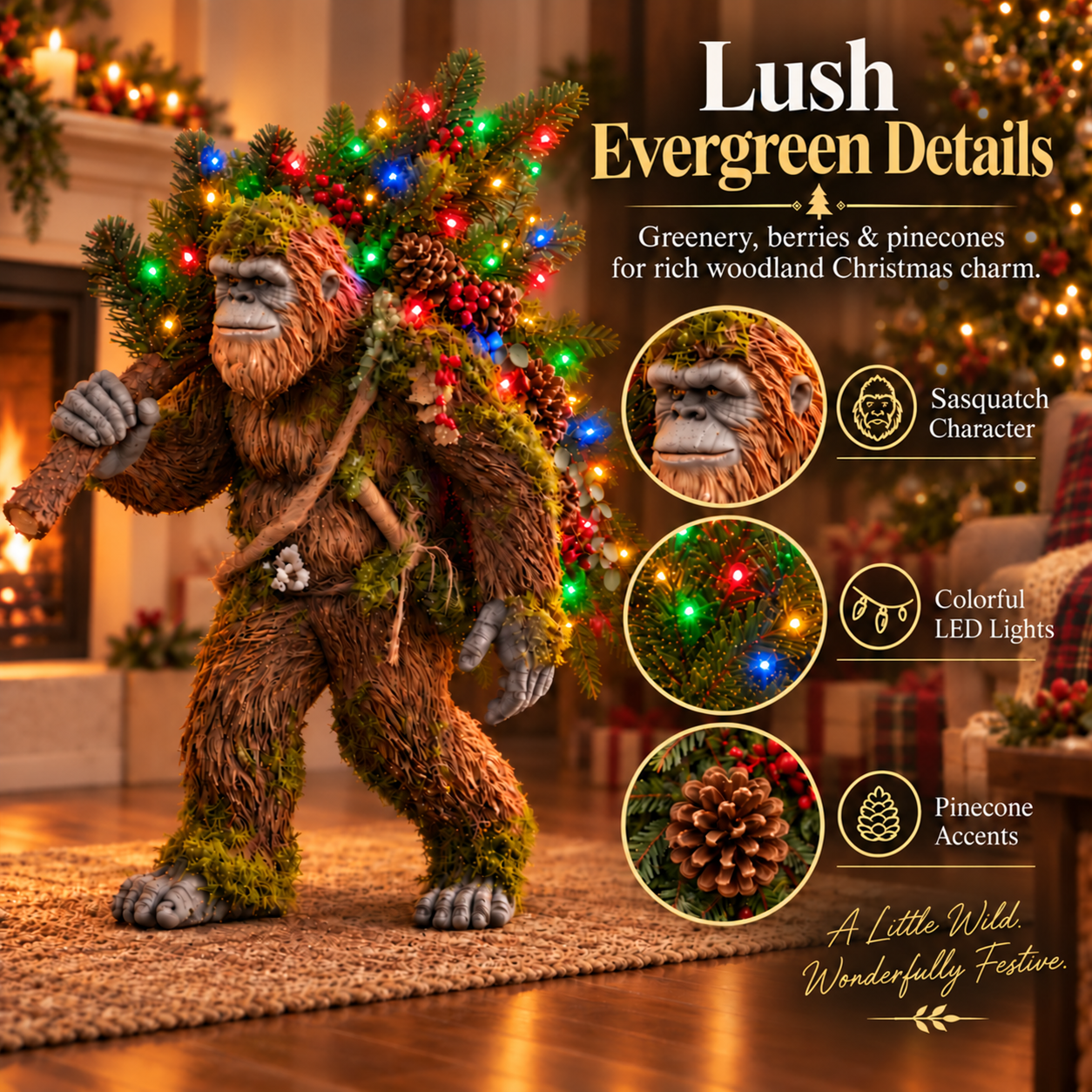 Close-up details of Sasquatch's face, colored tree lights and pinecones