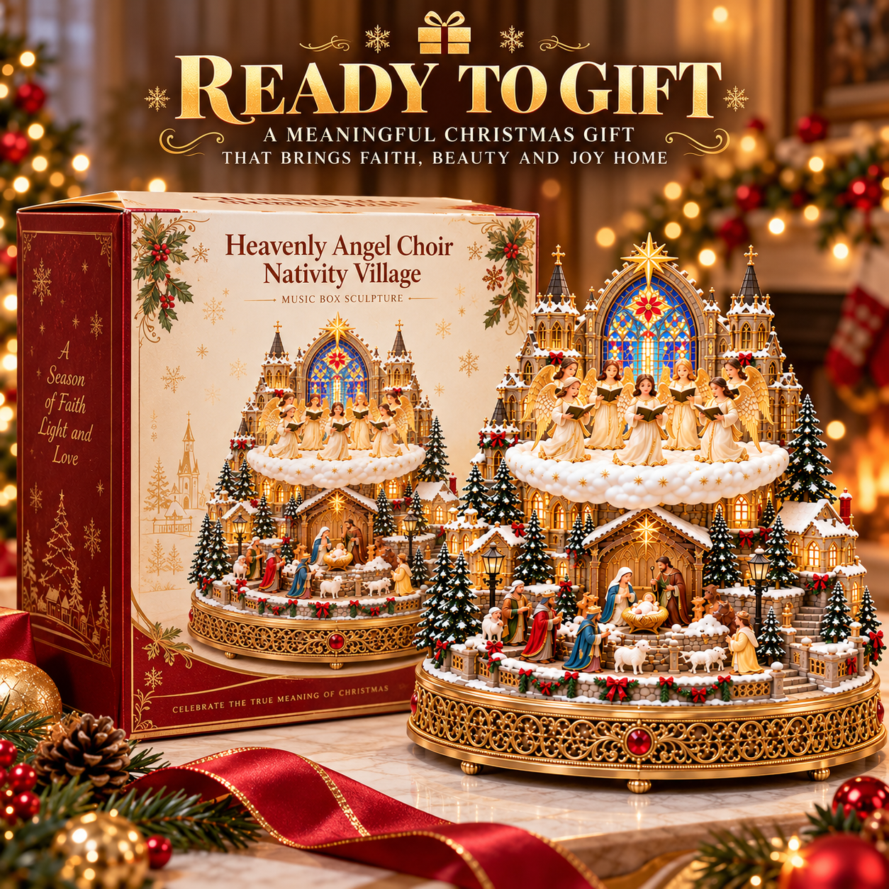 Christmas Nativity village shown beside decorative holiday gift packaging
