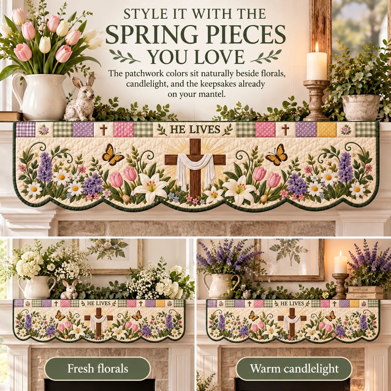 He Lives mantel scarf styled with fresh flowers and with warm candlelight