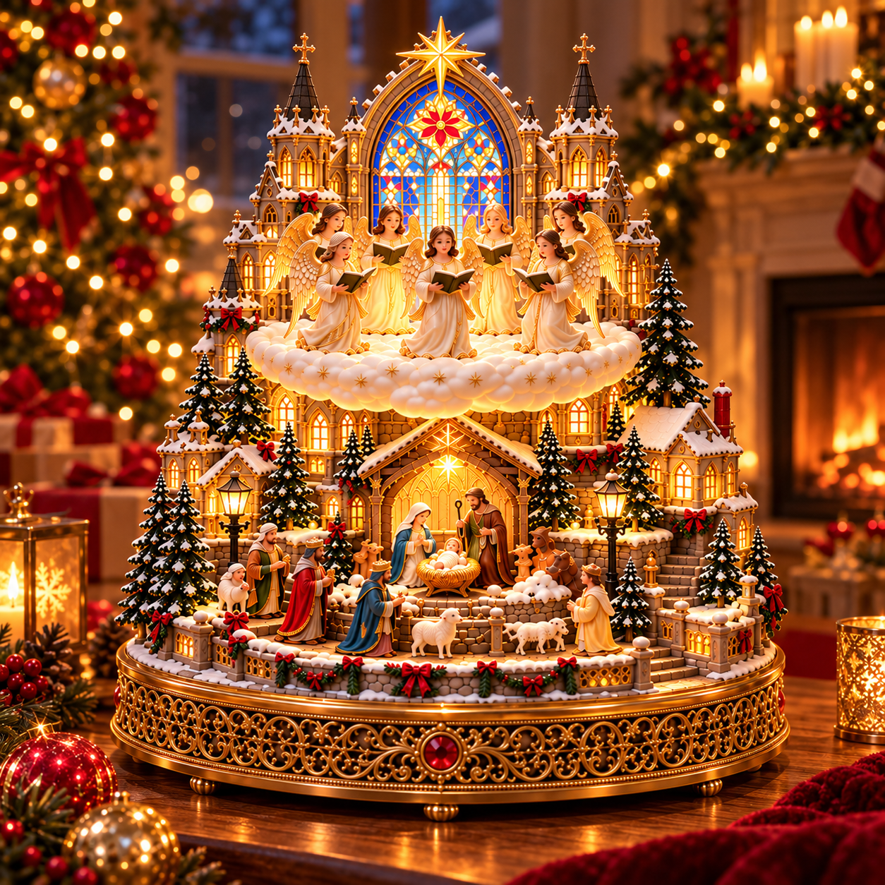 Lighted angel choir Christmas village glowing in a warm evening setting
