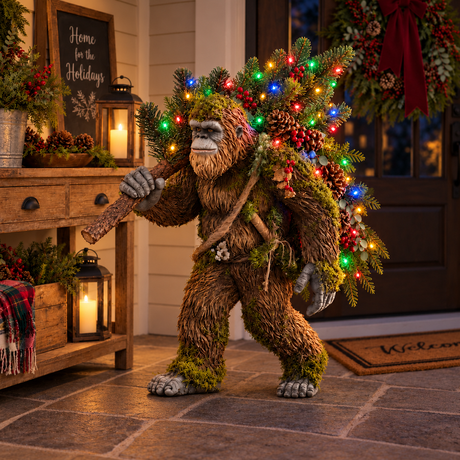 Woodland Sasquatch carrying an evergreen tree with multicolored Christmas lights