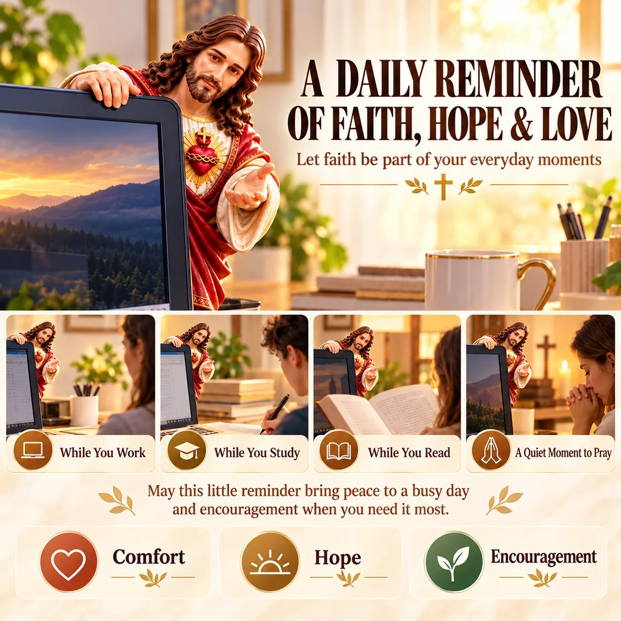 Faith-inspired monitor decoration shown during work, study, reading and quiet prayer
