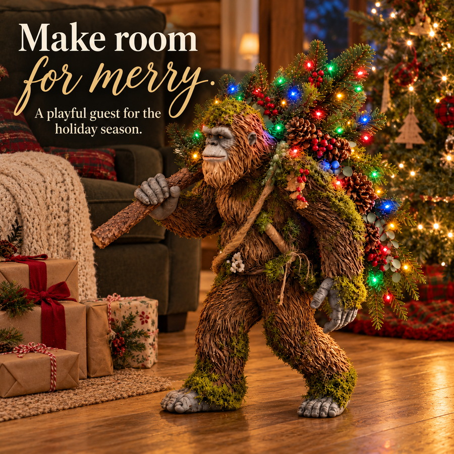 Lighted Woodland Sasquatch displayed beside a Christmas tree and wrapped gifts
