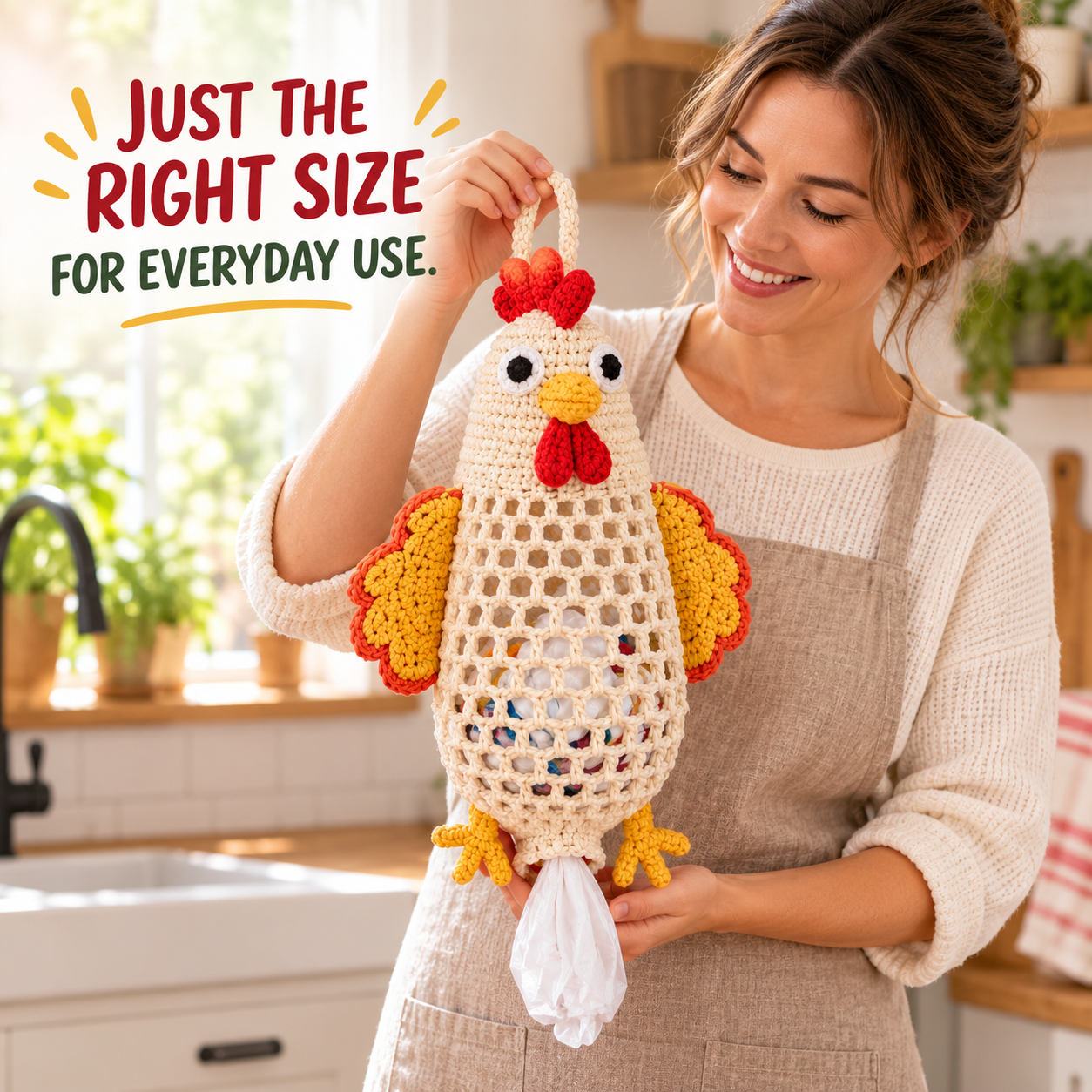 Woman holding completed chicken bag holder to demonstrate approximate scale