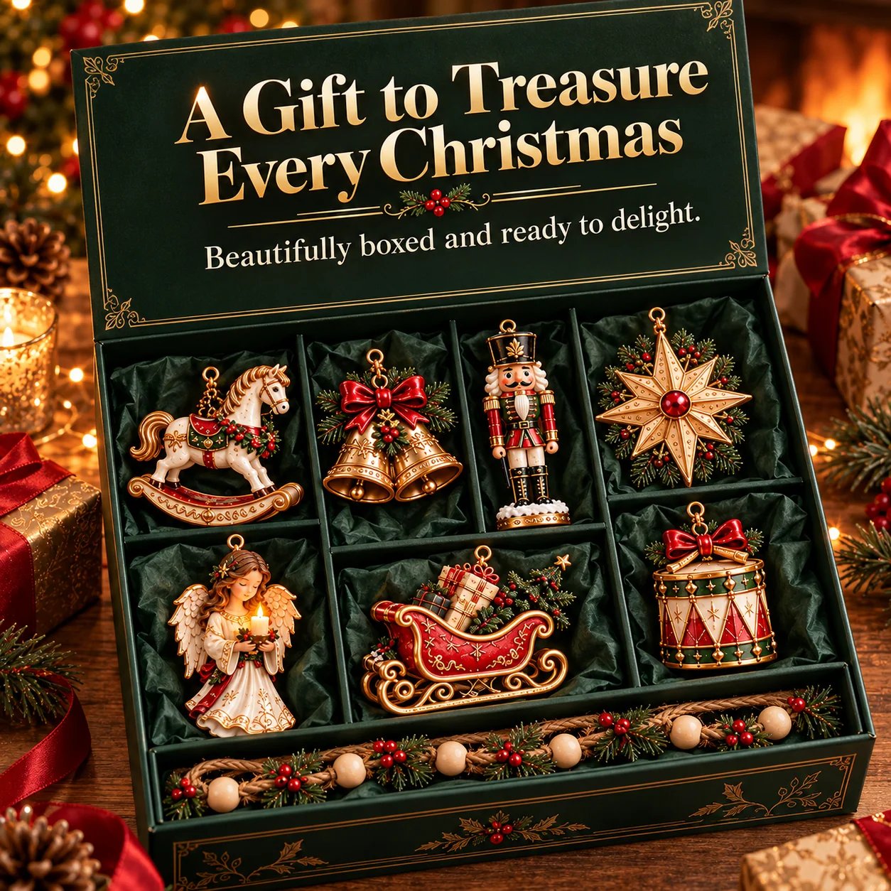 Christmas Heirloom Collection gift presentation with seven ornaments