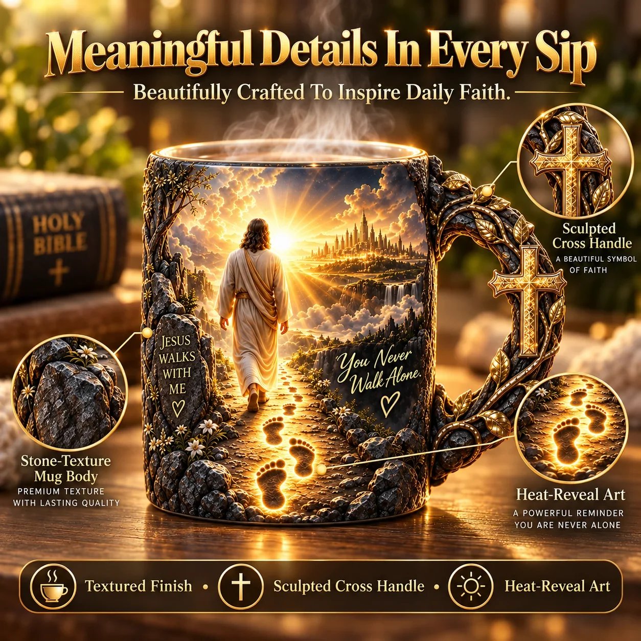 Close-up of the Jesus faith mug artwork, decorative handle and textured appearance