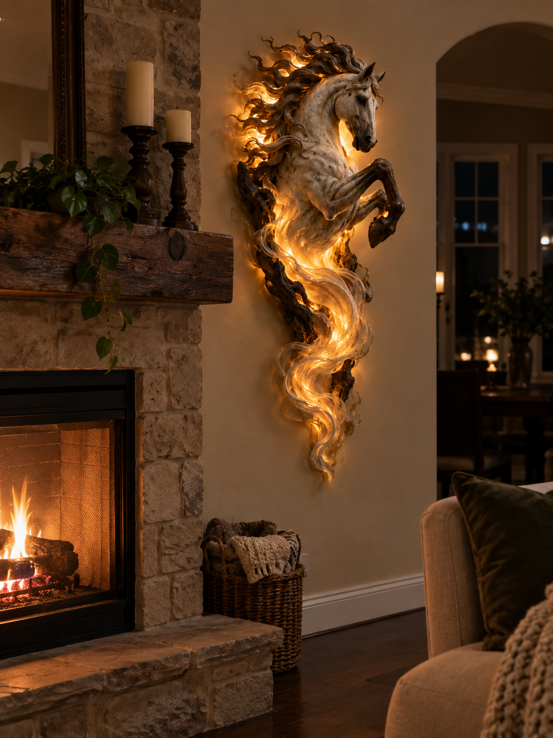 Celestial Flame Unicorn beside fireplace